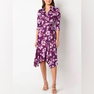 Perceptions Women's XL Plum Floral Midi Faux Wrap Dress Party Business NEW
